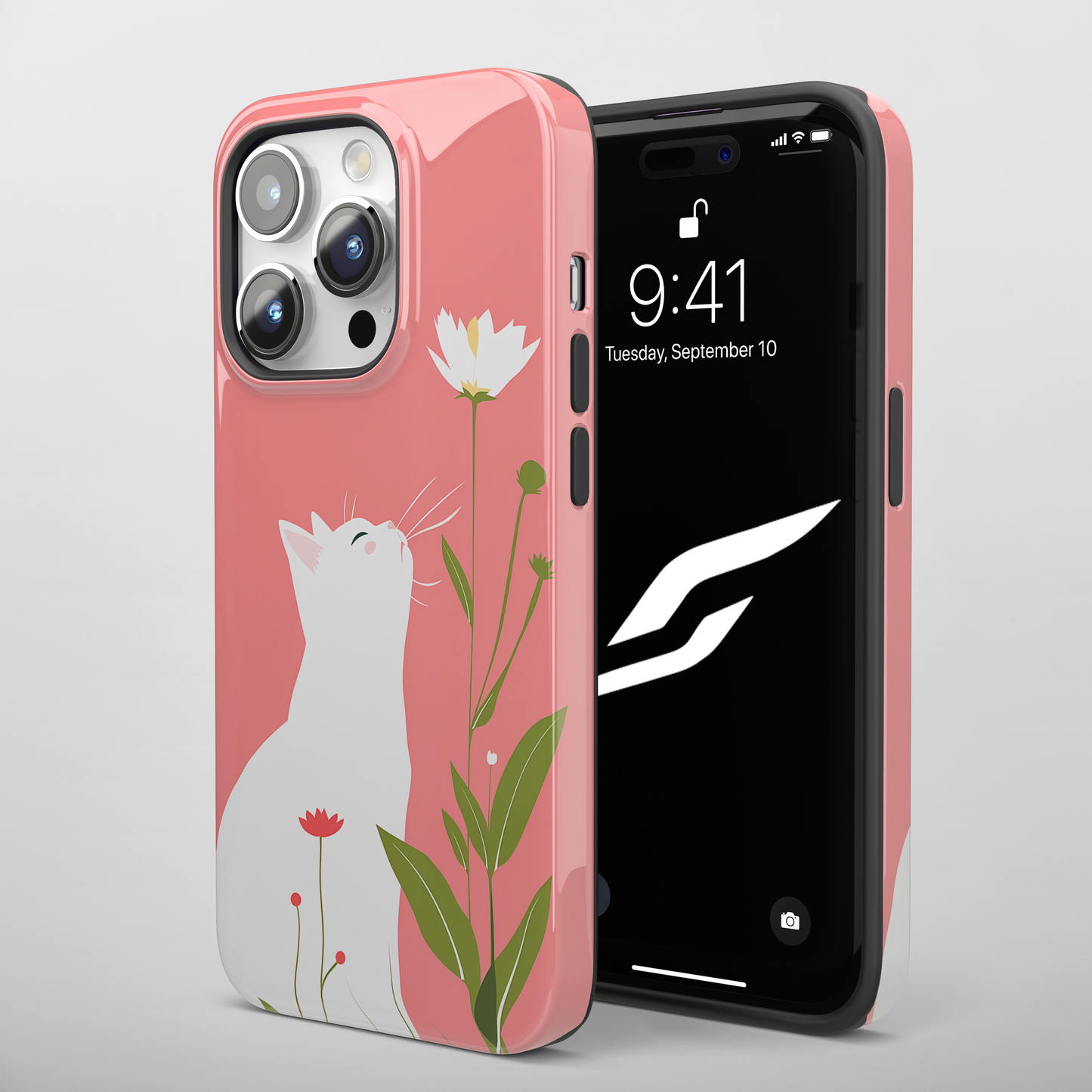 Blossom Gazer (iPhone Case 11-15)Elevate your iPhone's protection and style with RimaGallery's A serene white cat admiring spring blossoms on a pastel pink On case, featuring dual-layer defense and RimaGallery