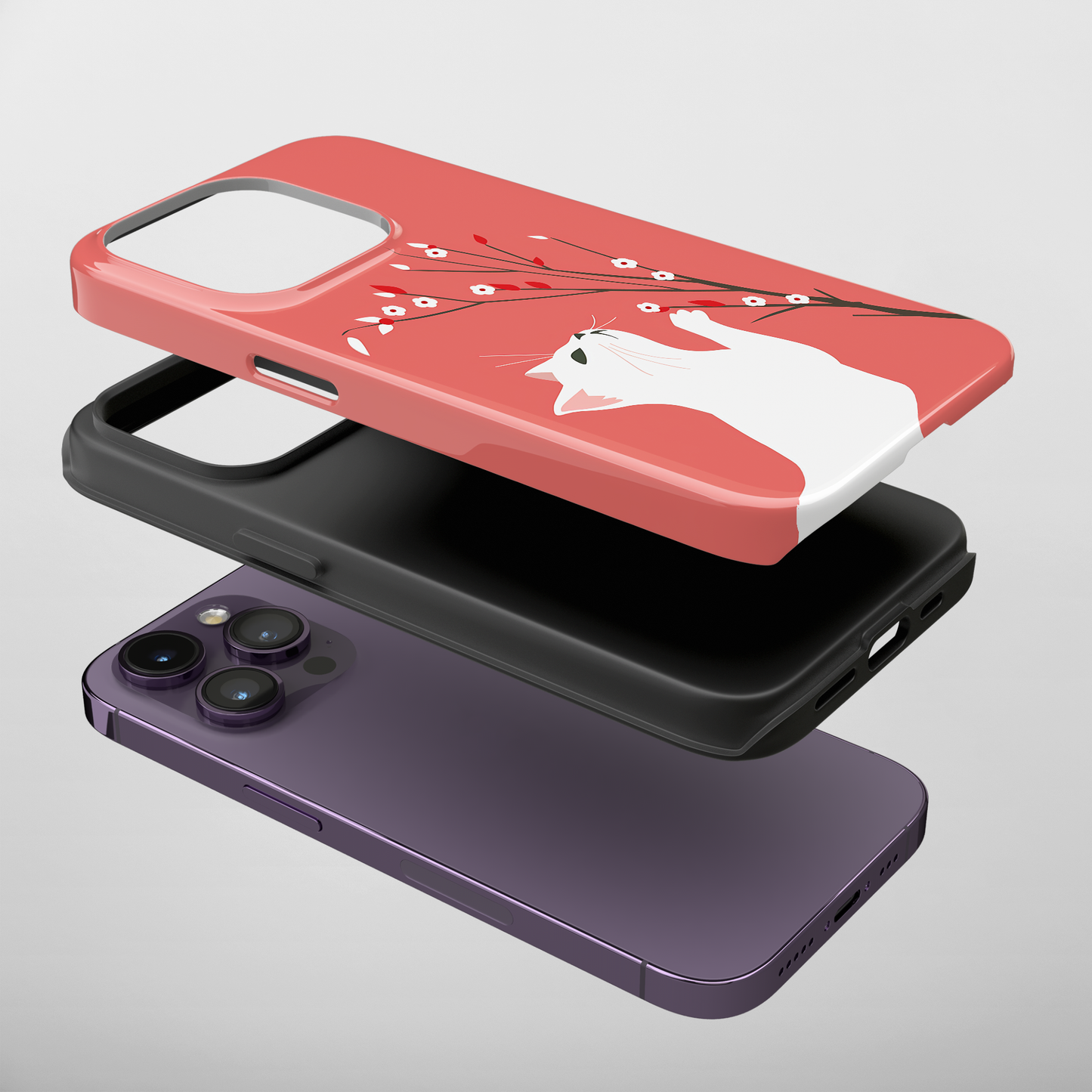 Side view of the Floral Feline iPhone Case, showing button accessibility and case thickness.