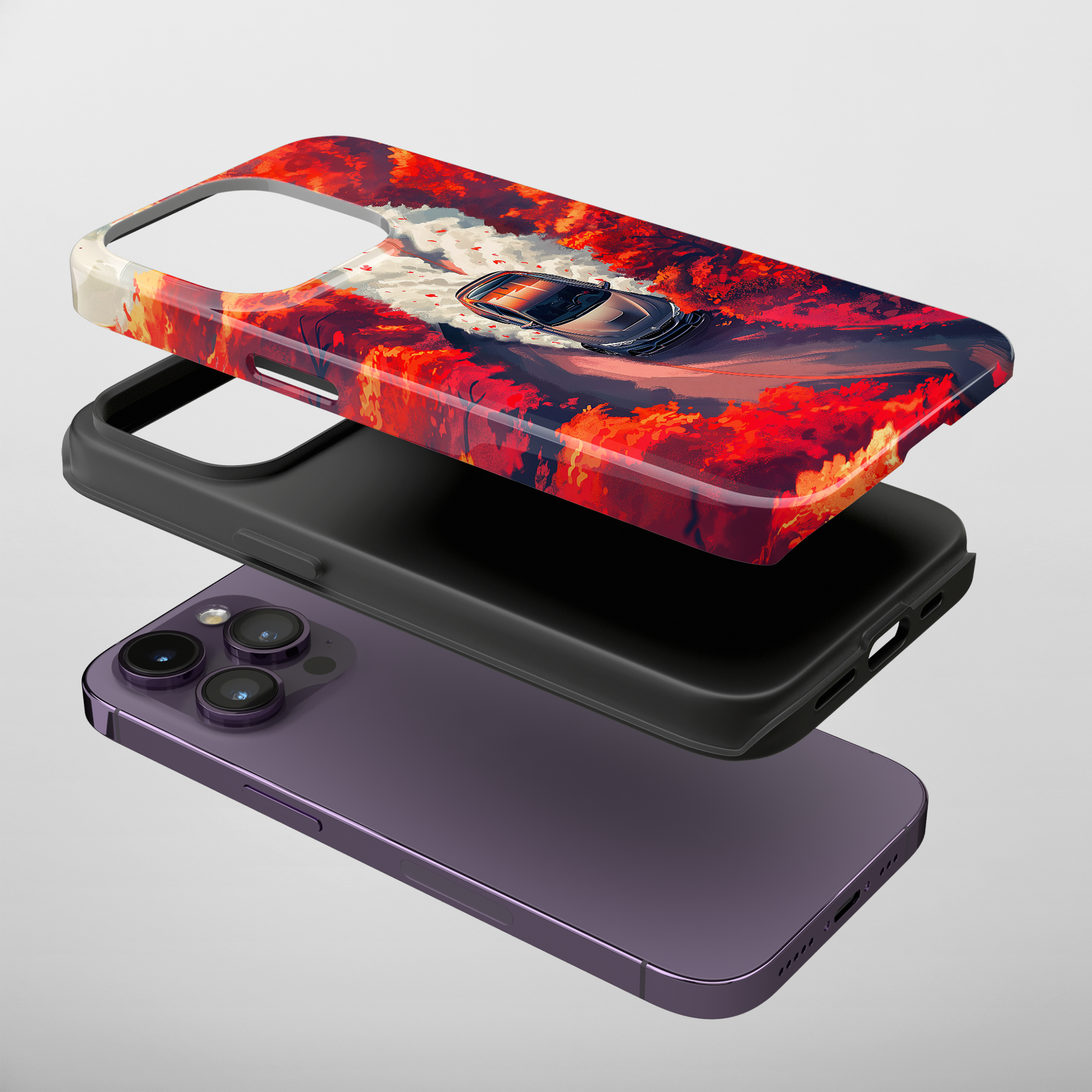 Autumn Drive (iPhone Case 11-15)Elevate your iPhone's protection and style with RimaGallery's A car journey through a fiery autumnal forest On case, featuring dual-layer defense and a sleek, glossyRimaGallery