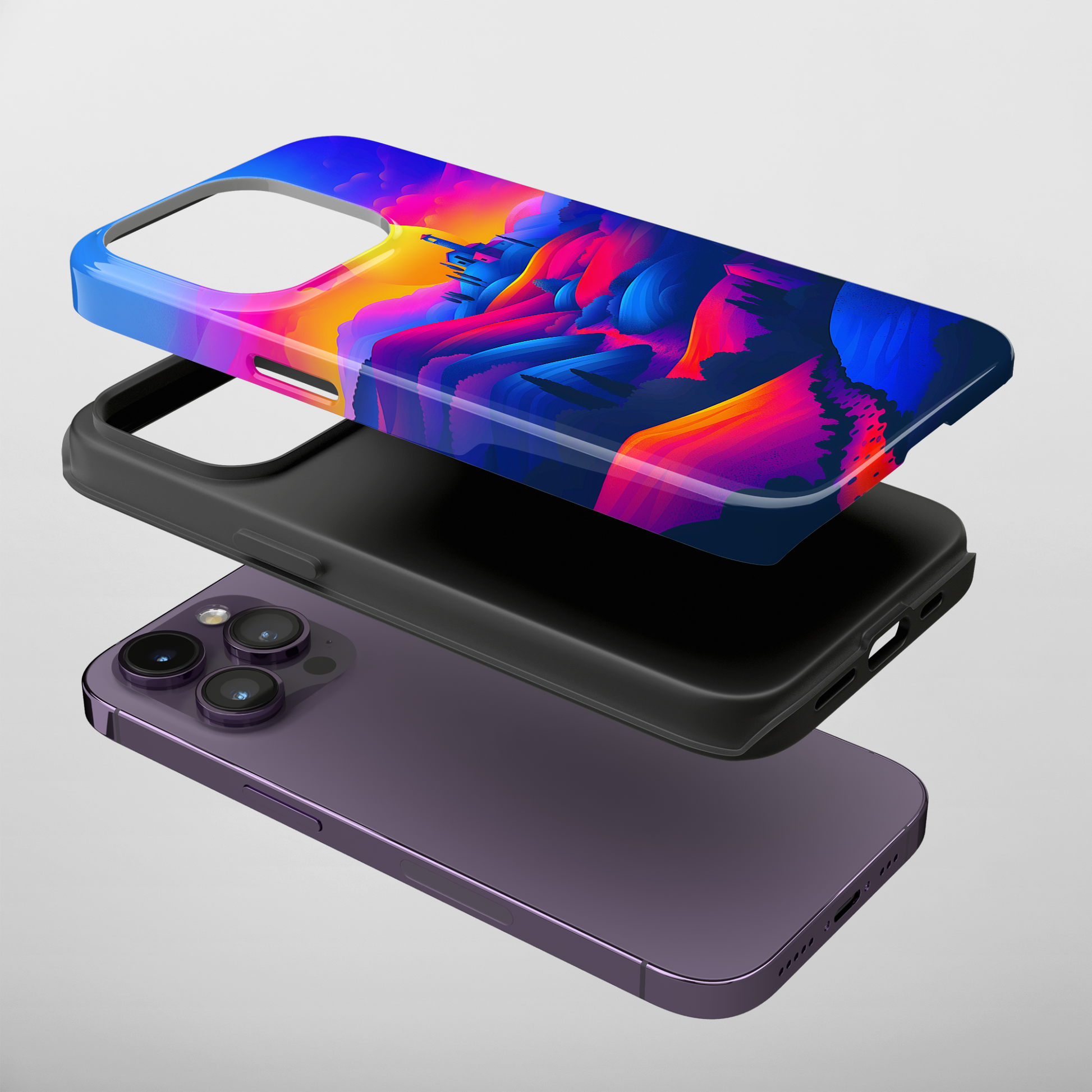 Sunset Serenity (iPhone Case 11-15)Elevate your iPhone's protection and style with RimaGallery's Vivid sunset over rolling hills illustrated On case, featuring dual-layer defense and a sleek, glossy fRimaGallery