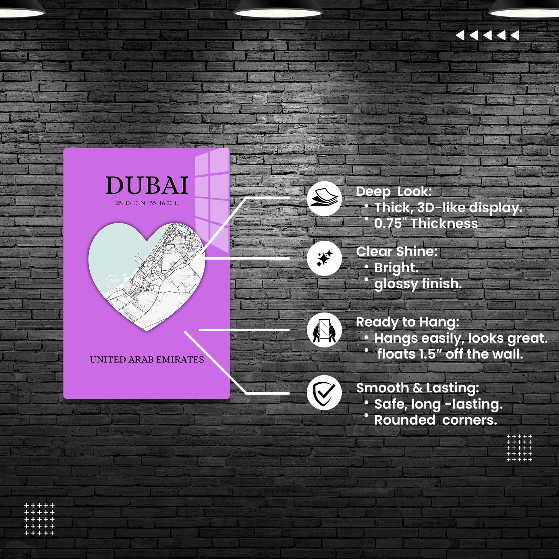Dubai Heartbeat - Purple (Acrylic)Step into the universe with Vibrant purple Dubai souvenir featuring a heart and map. Acrylic art from RimaGallery. Experience the cosmos in your home with vibrant, eRimaGallery