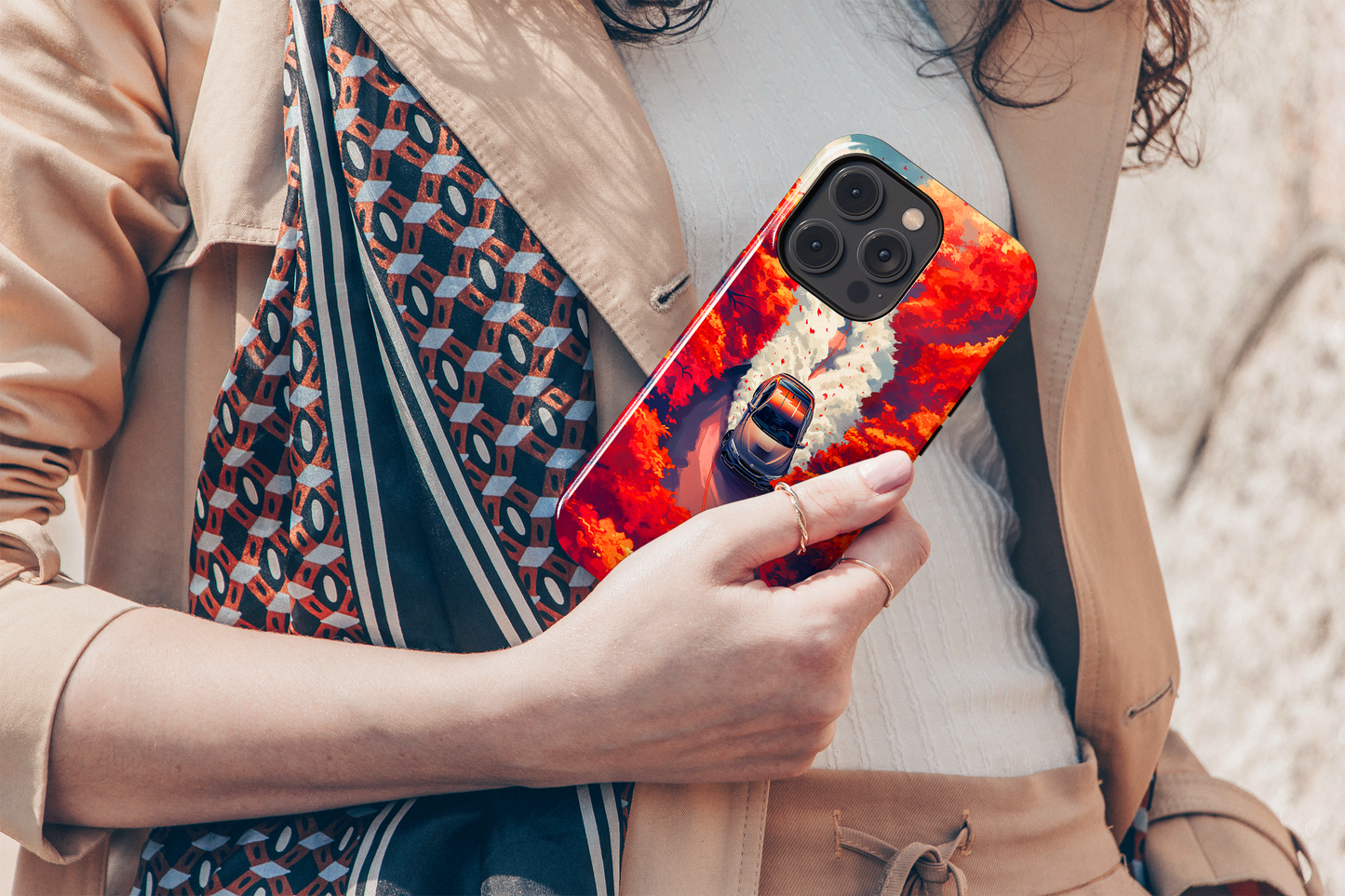 Autumn Drive (iPhone Case 11-15)Elevate your iPhone's protection and style with RimaGallery's A car journey through a fiery autumnal forest On case, featuring dual-layer defense and a sleek, glossyRimaGallery