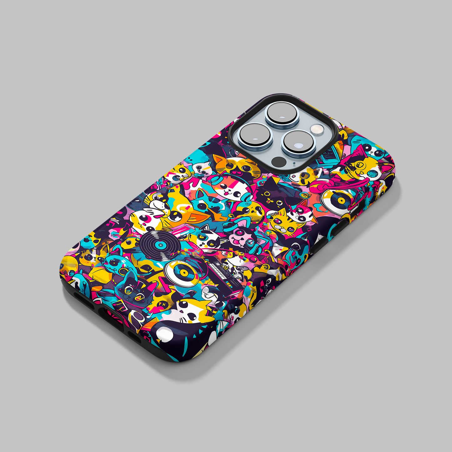 Pop Frenzy (iPhone Case 11-15)Elevate your iPhone's protection and style with RimaGallery's A lively mix of colorful cartoon animals and pop elements On case, featuring dual-layer defense and a sRimaGallery