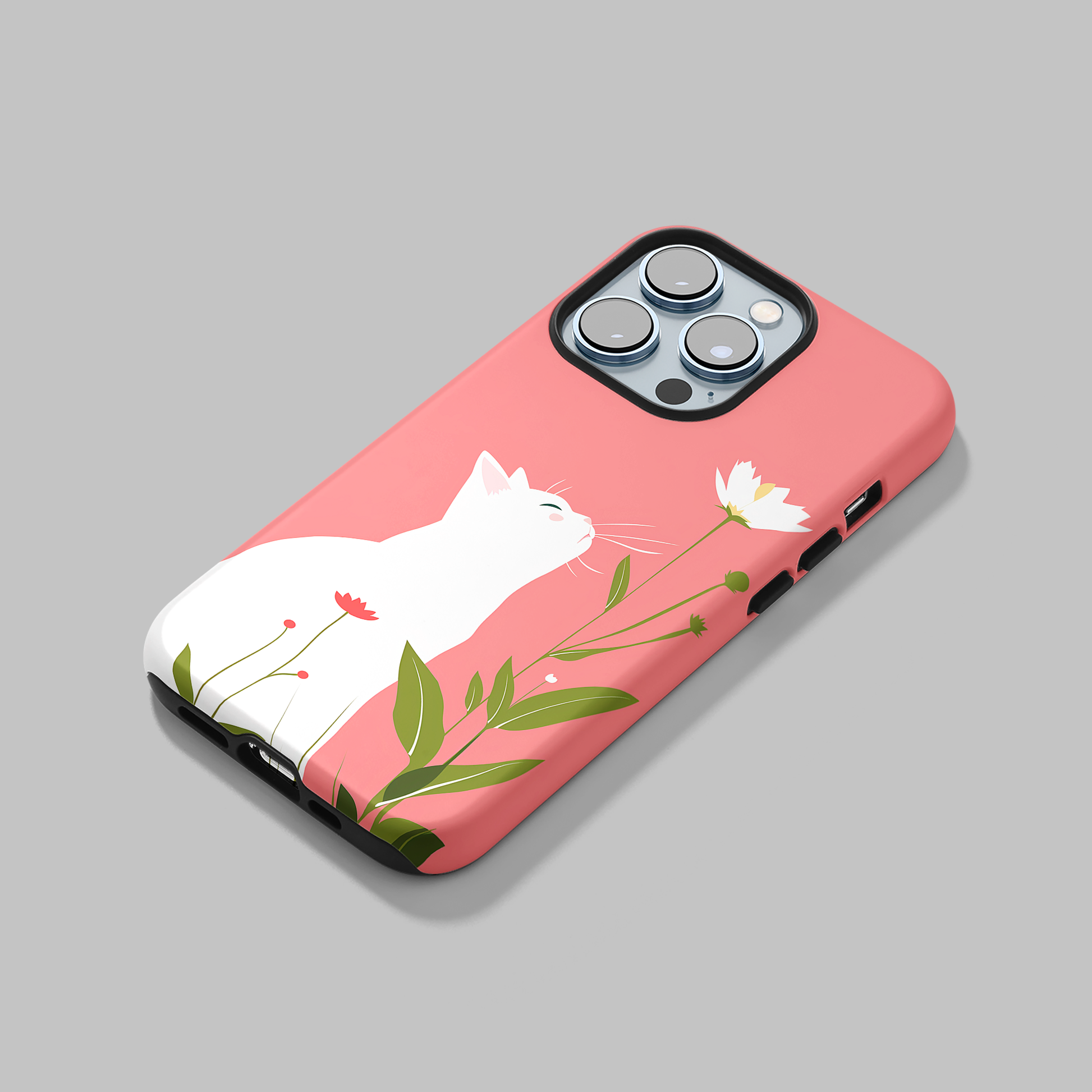 Blossom Gazer (iPhone Case 11-15)Elevate your iPhone's protection and style with RimaGallery's A serene white cat admiring spring blossoms on a pastel pink On case, featuring dual-layer defense and RimaGallery