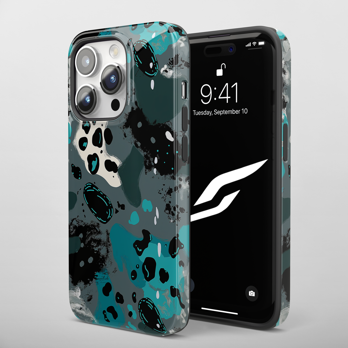 Aqua Abstract (iPhone Case 11-15)Elevate your iPhone's protection and style with RimaGallery's Abstract teal and black speckled pattern On case, featuring dual-layer defense and a sleek, glossy finiRimaGallery