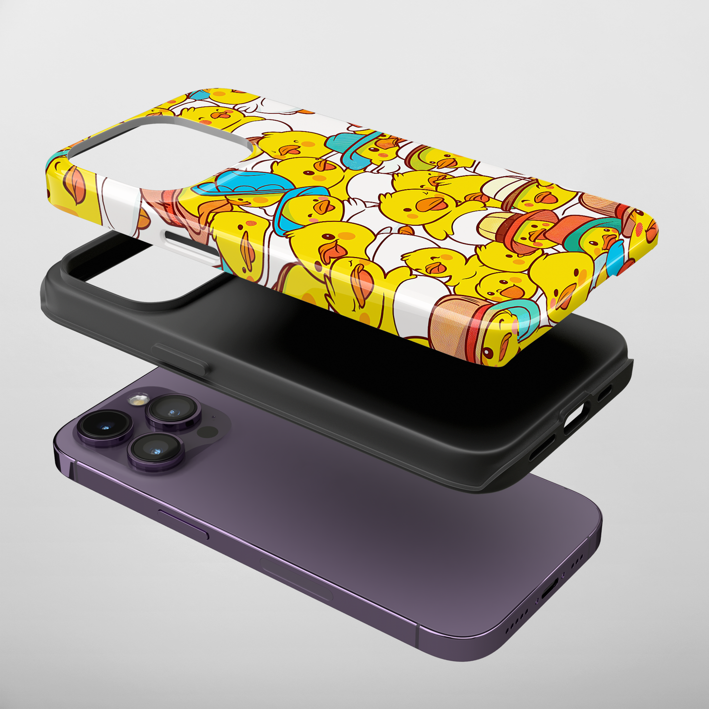 Ducky Delight (iPhone Case 11-15)Elevate your iPhone's protection and style with RimaGallery's Cheerful yellow ducklings with cute hats On case, featuring dual-layer defense and a sleek, glossy finiRimaGallery