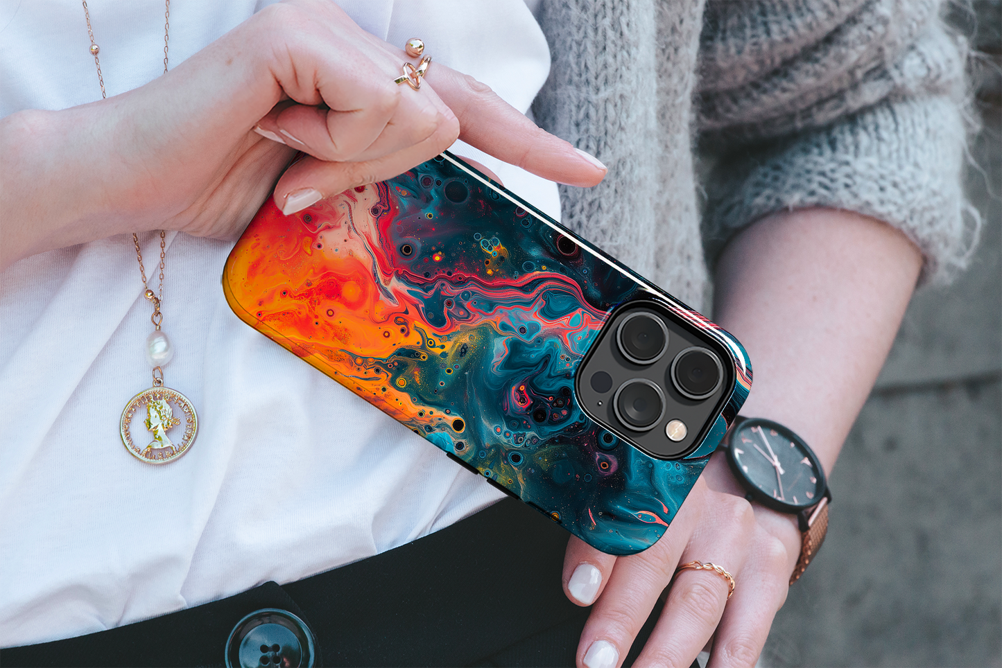 Galactic Swirl (iPhone Case 11-15)Elevate your iPhone's protection and style with RimaGallery's Psychedelic swirls of galaxy colors on a protective phone case On case, featuring dual-layer defense anRimaGallery