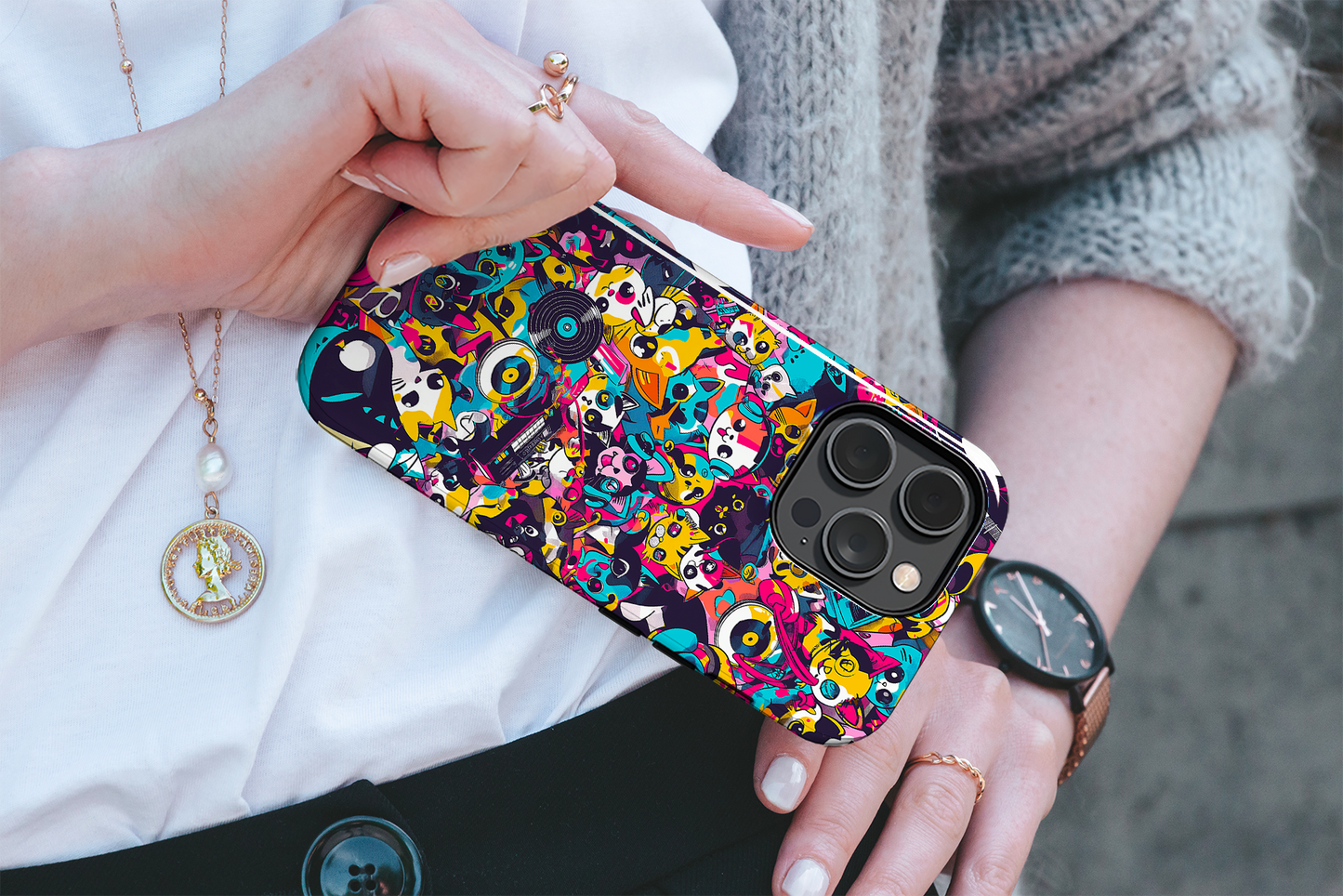 Pop Frenzy (iPhone Case 11-15)Elevate your iPhone's protection and style with RimaGallery's A lively mix of colorful cartoon animals and pop elements On case, featuring dual-layer defense and a sRimaGallery