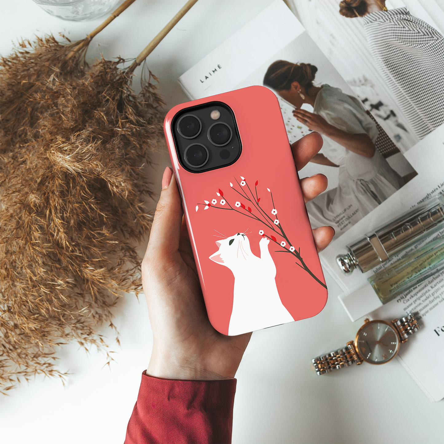 Close-up of the Floral Feline iPhone Case texture and pattern, suitable for iPhone 11-15 models.