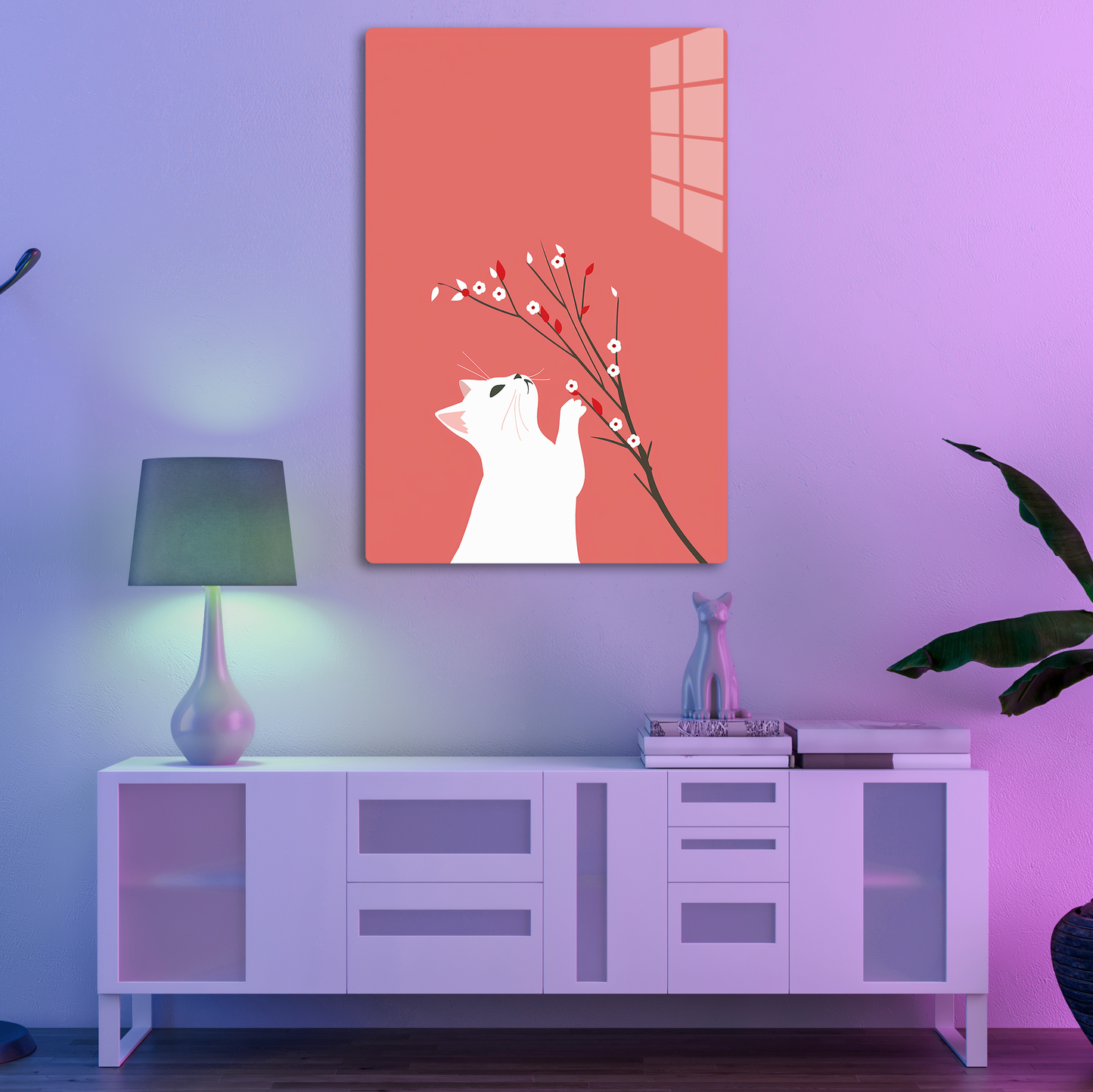 Floral Feline (Acrylic)Step into the universe with an Playful cat interacting with delicate flowers on a coral. Acrylic art from RimaGallery. Experience the cosmos in your home with vibranRimaGallery