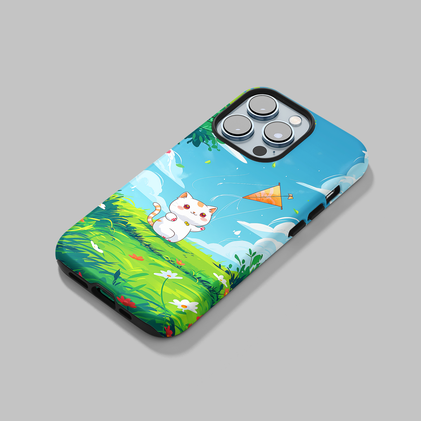 Kite Kitty (iPhone Case 11-15)Elevate your iPhone's protection and style with RimaGallery's A charming illustration of a kitten flying a kite on a sunny daye On case, featuring dual-layer defenseRimaGallery
