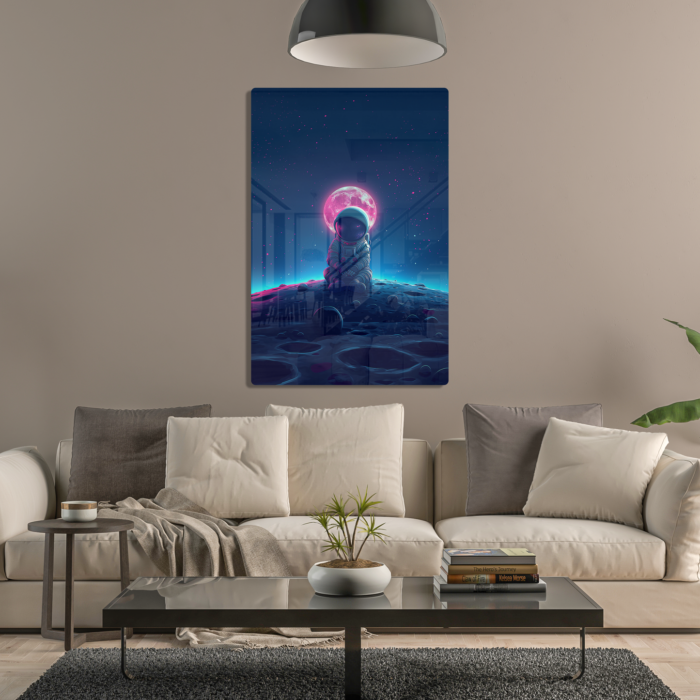 Cosmic Contemplation (Acrylic)Step into the universe with an astronaut in deep thought on the lunar surface under a glowing moon. Acrylic art from RimaGallery. Experience the cosmos in your home RimaGallery