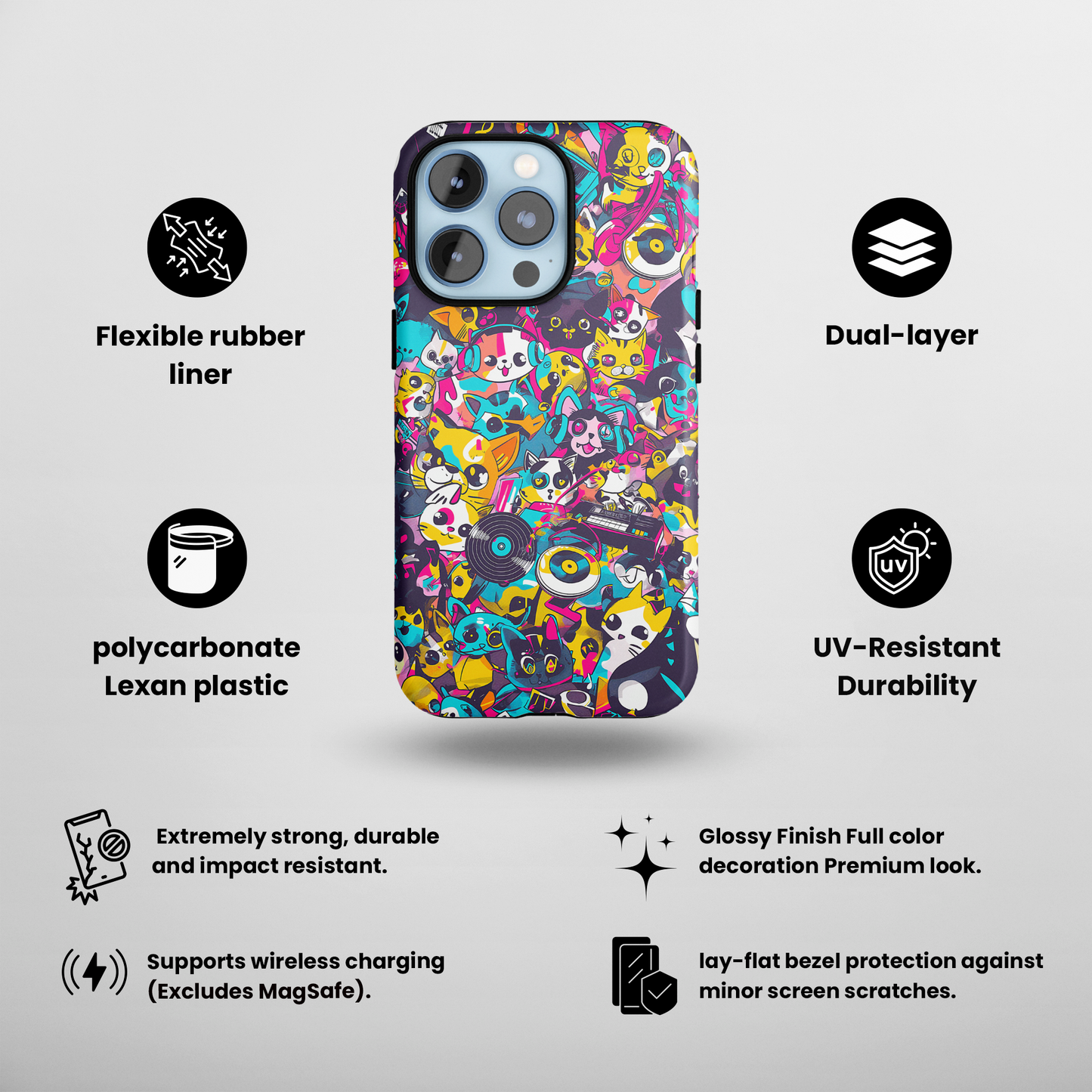 Pop Frenzy (iPhone Case 11-15)Elevate your iPhone's protection and style with RimaGallery's A lively mix of colorful cartoon animals and pop elements On case, featuring dual-layer defense and a sRimaGallery