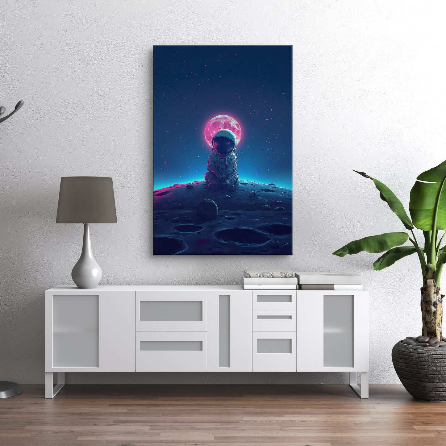 Cosmic Contemplation (Canvas)Astronaut in deep thought on the lunar surface under a glowing moon on canvas print. Shop now for innovative products designed to enhance your digital lifestyle. FasRimaGallery