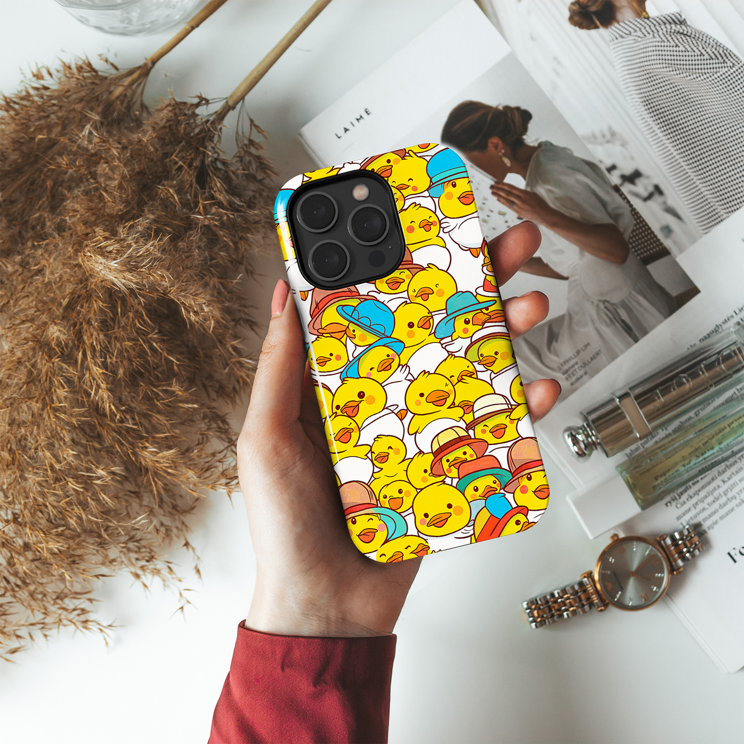 Ducky Delight (iPhone Case 11-15)Elevate your iPhone's protection and style with RimaGallery's Cheerful yellow ducklings with cute hats On case, featuring dual-layer defense and a sleek, glossy finiRimaGallery