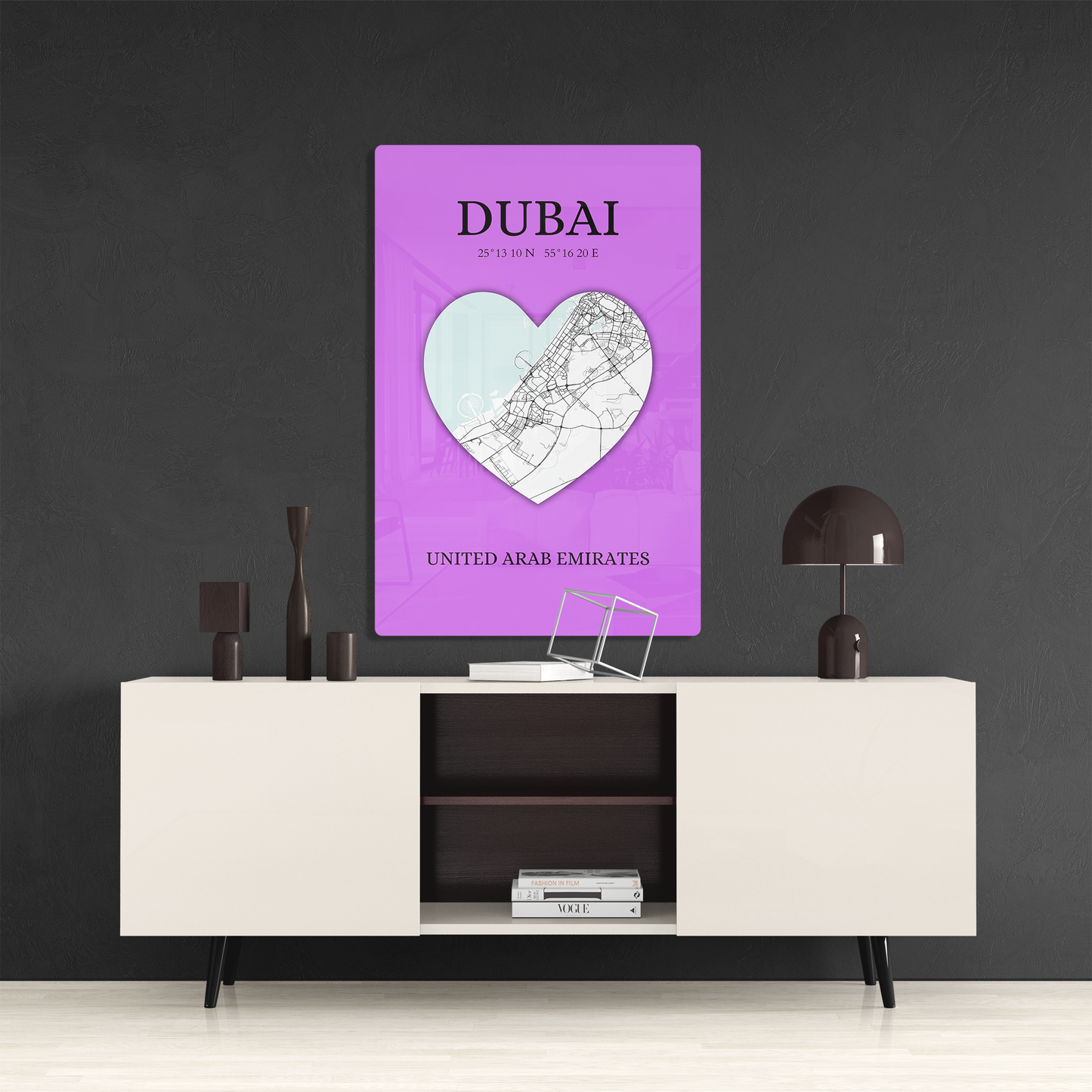 Dubai Heartbeat - Purple (Acrylic)Step into the universe with Vibrant purple Dubai souvenir featuring a heart and map. Acrylic art from RimaGallery. Experience the cosmos in your home with vibrant, eRimaGallery