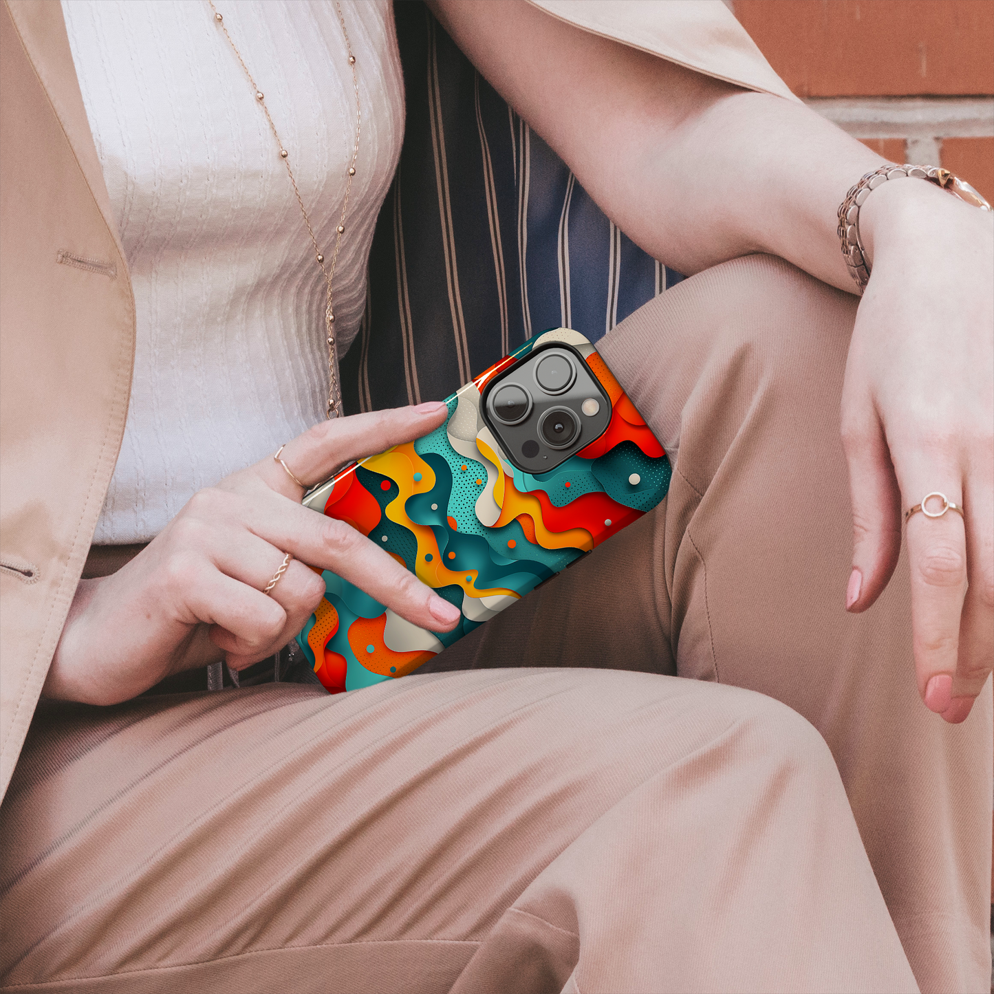 Wavy Whimsy (iPhone Case 11-15)Elevate your iPhone's protection and style with RimaGallery's Colorful, layered wavy design with a playful touch On case, featuring dual-layer defense and a sleek, gRimaGallery