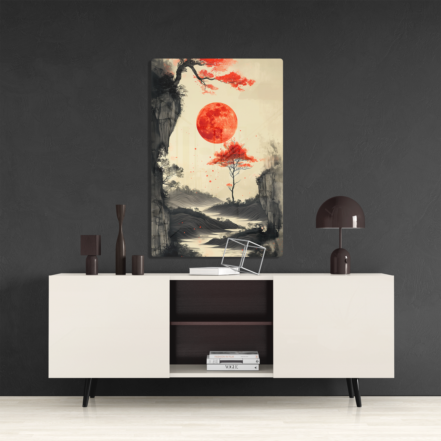 Scarlet Moonrise (Acrylic)Step into the universe with Ethereal landscape with a vivid red moon. Acrylic art from RimaGallery. Experience the cosmos in your home with vibrant, ethically crafteRimaGallery