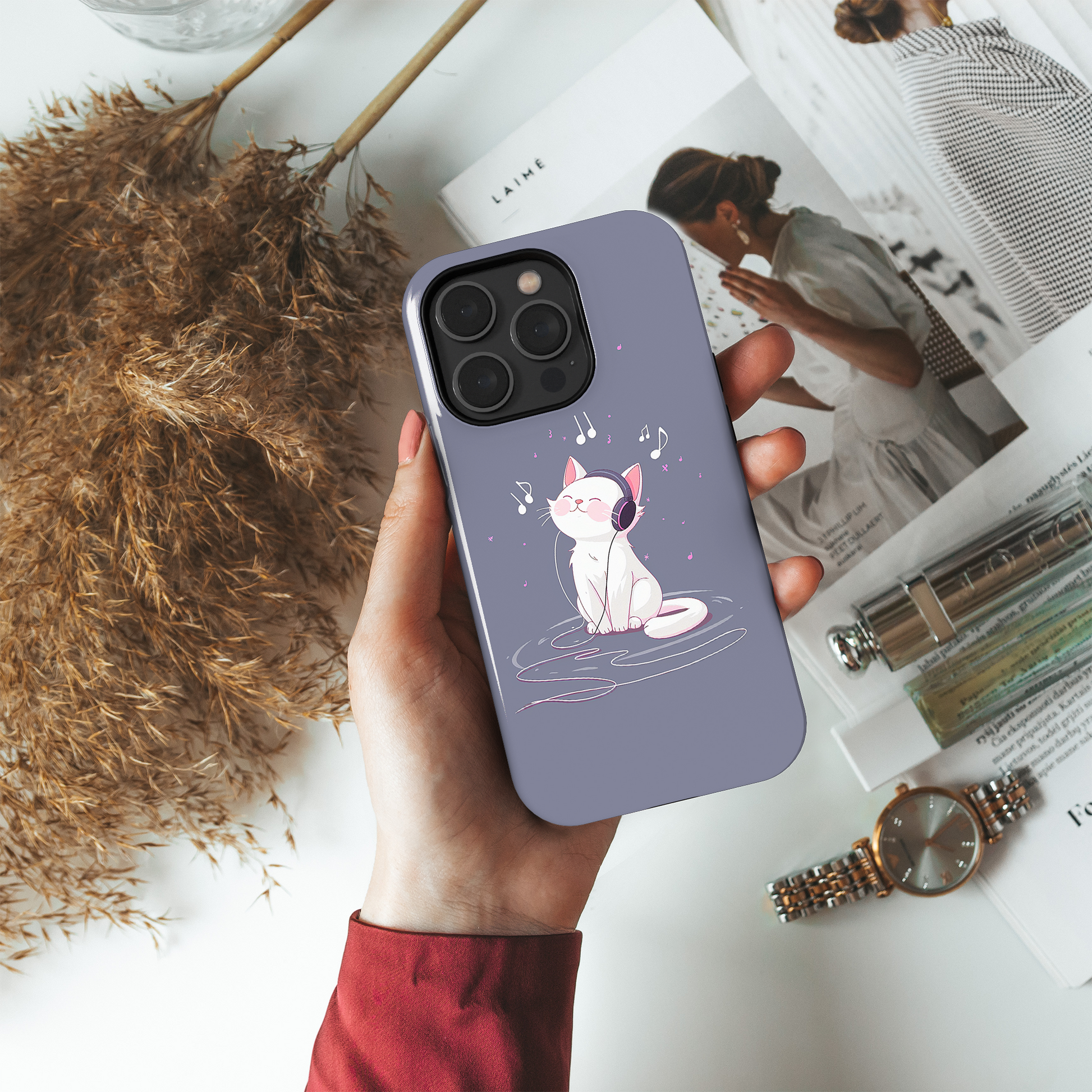 Melody Mews (iPhone Case 11-15)Elevate your iPhone's protection and style with RimaGallery's Illustrated cat enjoying music with headphones On case, featuring dual-layer defense and a sleek, glossRimaGallery