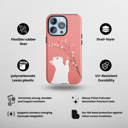 Floral Feline (iPhone Case 11-15)Elevate your iPhone's protection and style with RimaGallery's Playful cat interacting with delicate flowers on a coral On case, featuring dual-layer defense and a slRimaGallery
