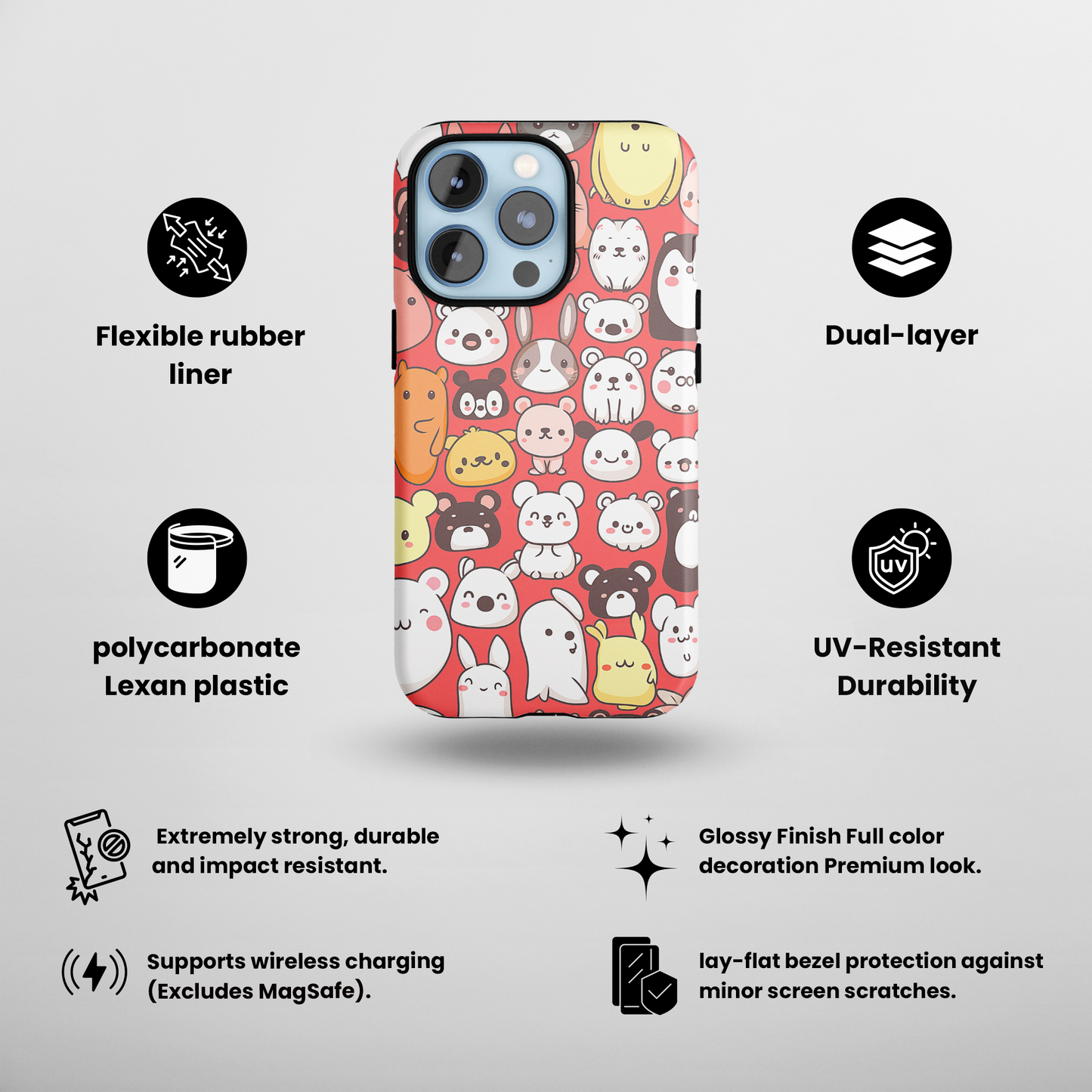 Critter Conga (iPhone Case 11-15)Elevate your iPhone's protection and style with RimaGallery's Cute assorted animals in a fun pattern On case, featuring dual-layer defense and a sleek, glossy finishRimaGallery