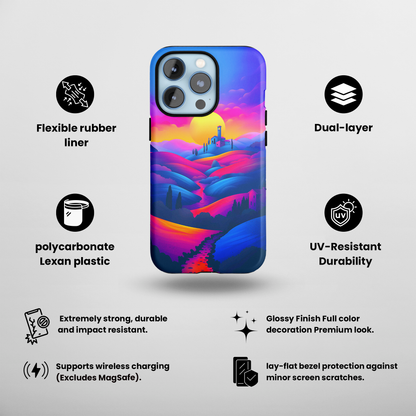 Sunset Serenity (iPhone Case 11-15)Elevate your iPhone's protection and style with RimaGallery's Vivid sunset over rolling hills illustrated On case, featuring dual-layer defense and a sleek, glossy fRimaGallery