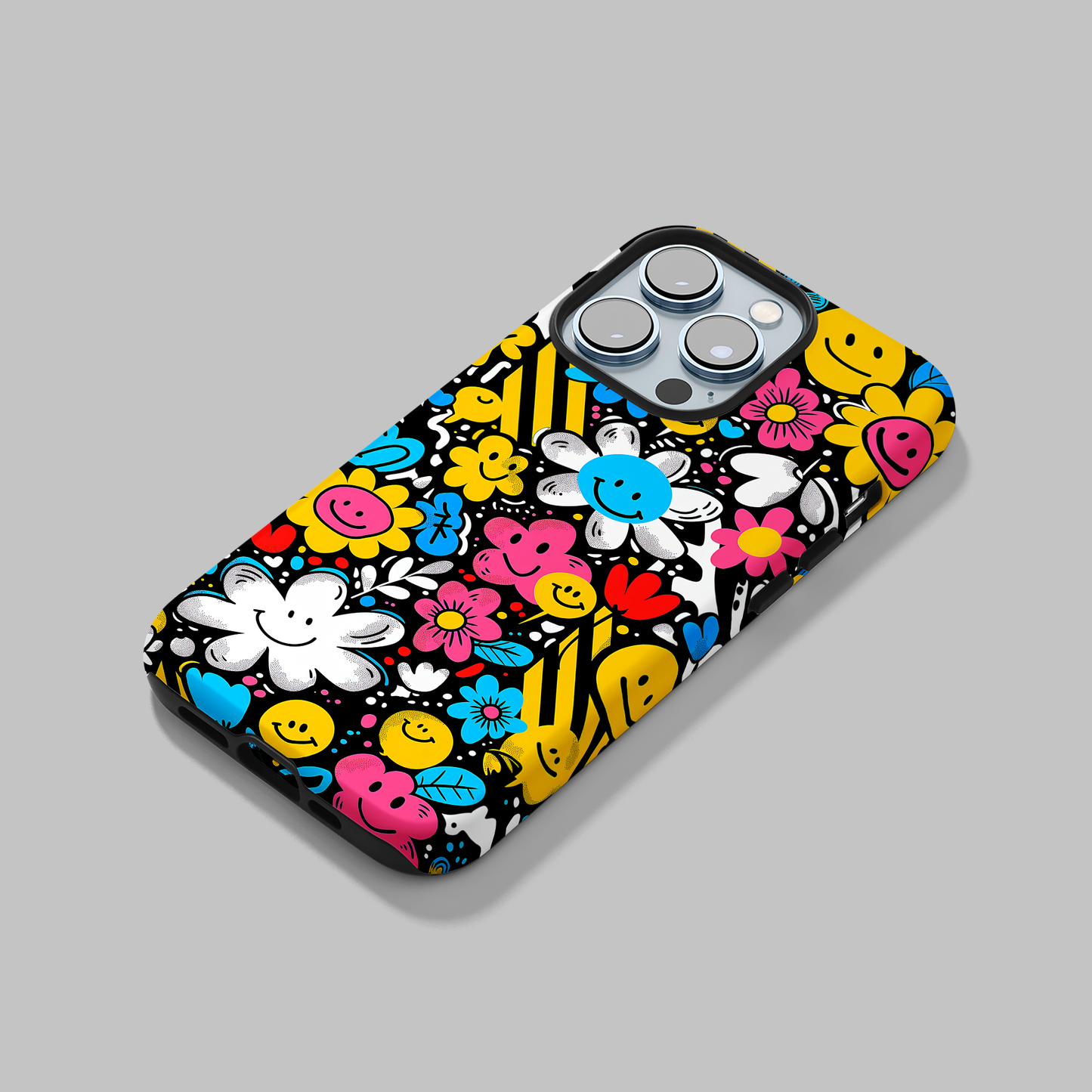Cheerful Smiley Faces  (iPhone Case 11-15)-Elevate your iPhone's protection and style with RimaGallery'sA playful phone case with a cheerful mix of smiley faces and colorful flowers On case, featuring dual-la-smiley faces