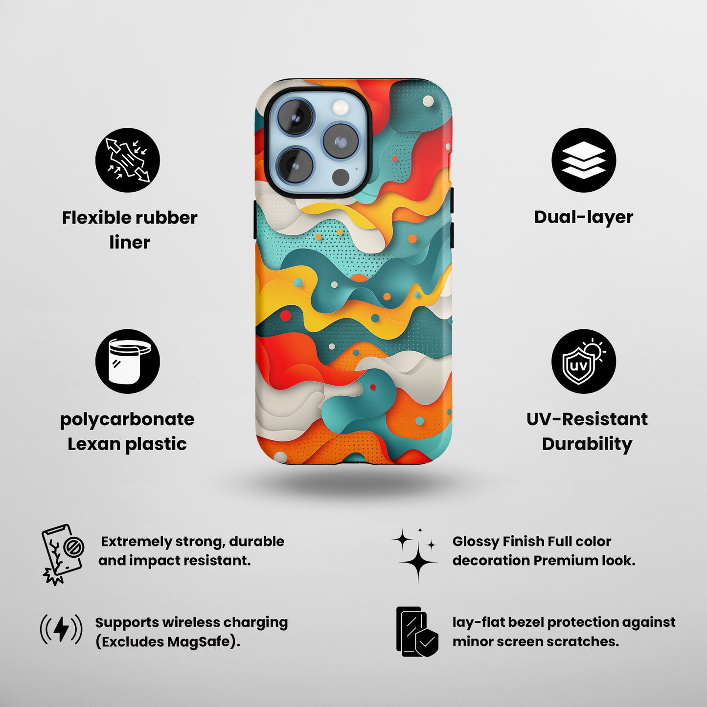 Wavy Whimsy (iPhone Case 11-15)Elevate your iPhone's protection and style with RimaGallery's Colorful, layered wavy design with a playful touch On case, featuring dual-layer defense and a sleek, gRimaGallery