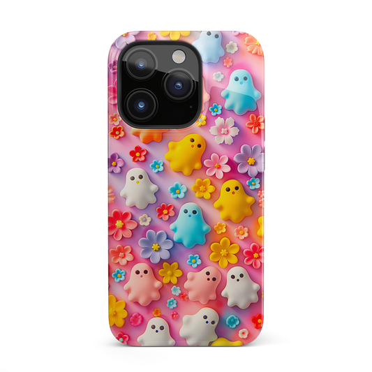 Ghoulish Garden (iPhone Case 11-15)Elevate your iPhone's protection and style with RimaGallery's Playful ghost characters amidst a floral backdrop on a bright case, featuring dual-layer defense and a RimaGallery