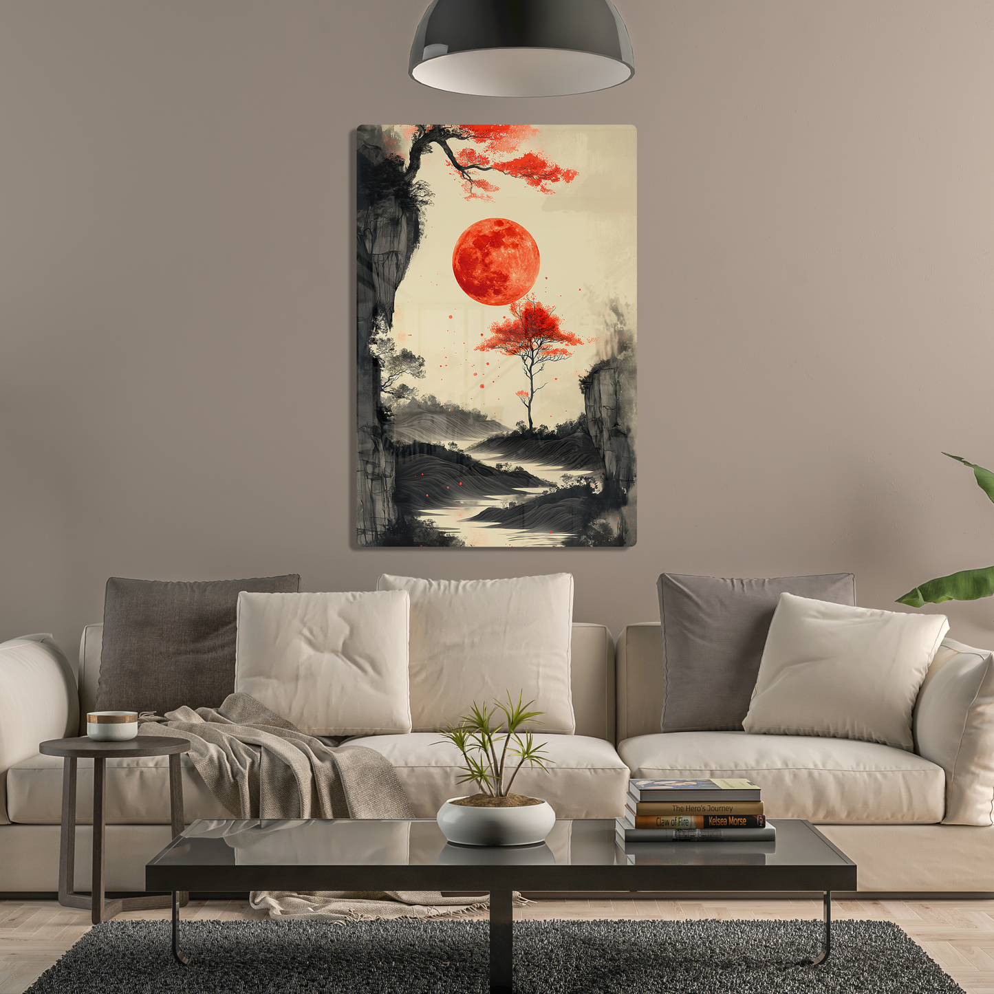 Scarlet Moonrise (Acrylic)Step into the universe with Ethereal landscape with a vivid red moon. Acrylic art from RimaGallery. Experience the cosmos in your home with vibrant, ethically crafteRimaGallery