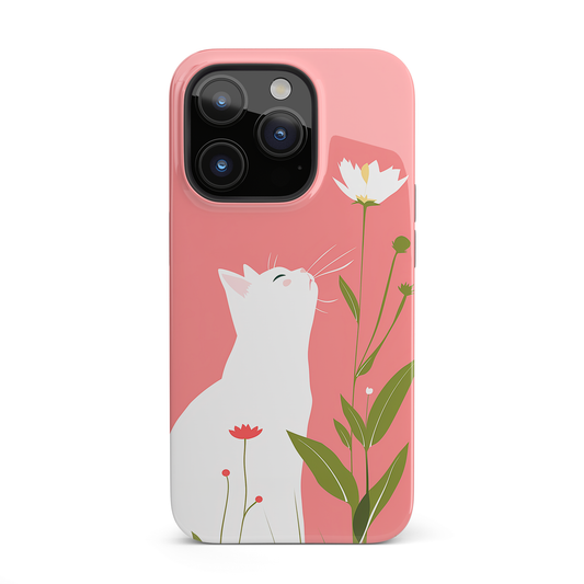 Blossom Gazer (iPhone MagSafe Case)Elevate your iPhone's protection and style with RimaGallery's A serene white cat admiring spring blossoms on a pastel pink on iphone MagSafe Case against a dark backRimaGallery