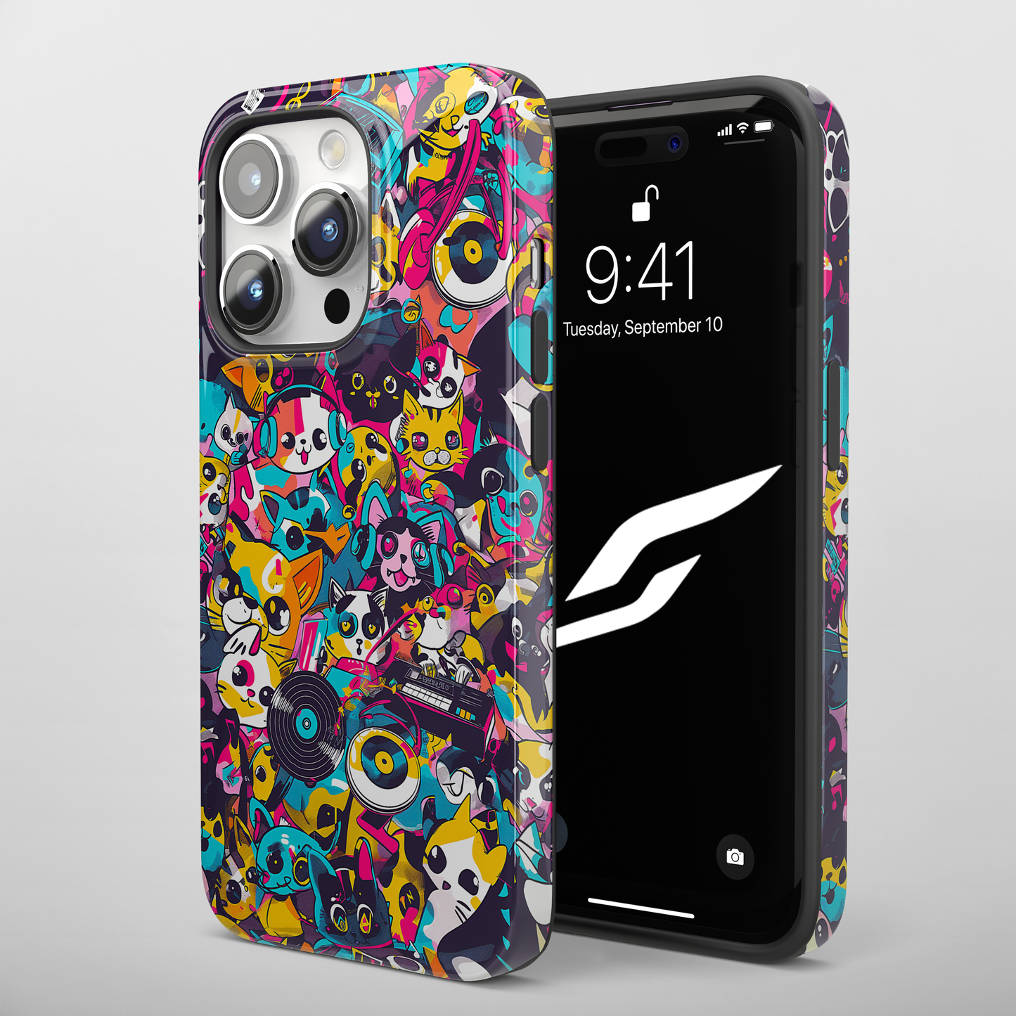 Pop Frenzy (iPhone Case 11-15)Elevate your iPhone's protection and style with RimaGallery's A lively mix of colorful cartoon animals and pop elements On case, featuring dual-layer defense and a sRimaGallery