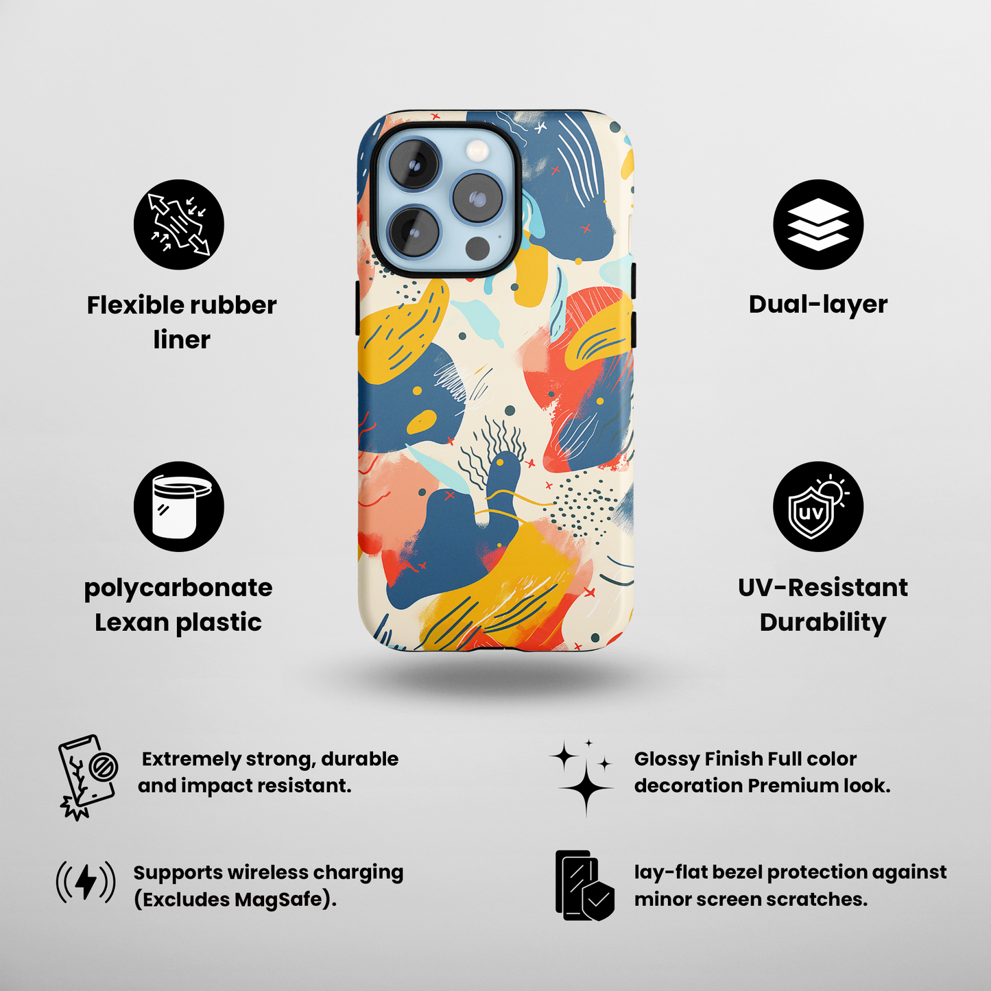 Abstract Play (iPhone Case 11-15)Elevate your iPhone's protection and style with RimaGallery's Modern abstract art with bold splashes of color On case, featuring dual-layer defense and a sleek, glosRimaGallery