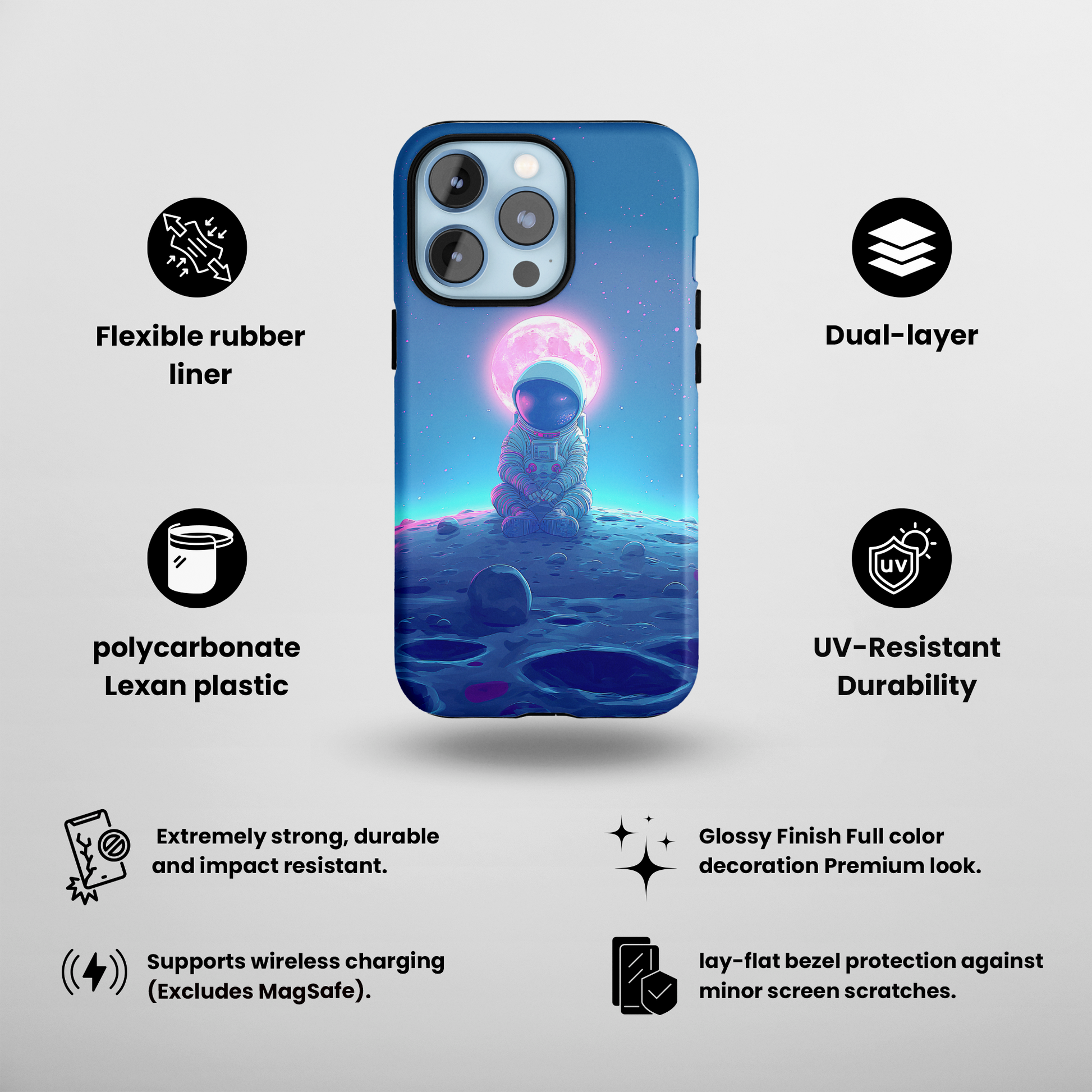 Cosmic Contemplation (iPhone Case 11-15)Elevate your iPhone's protection and style with RimaGallery's Astronaut in deep thought on the lunar surface under a glowing moon On case, featuring dual-layer defenRimaGallery