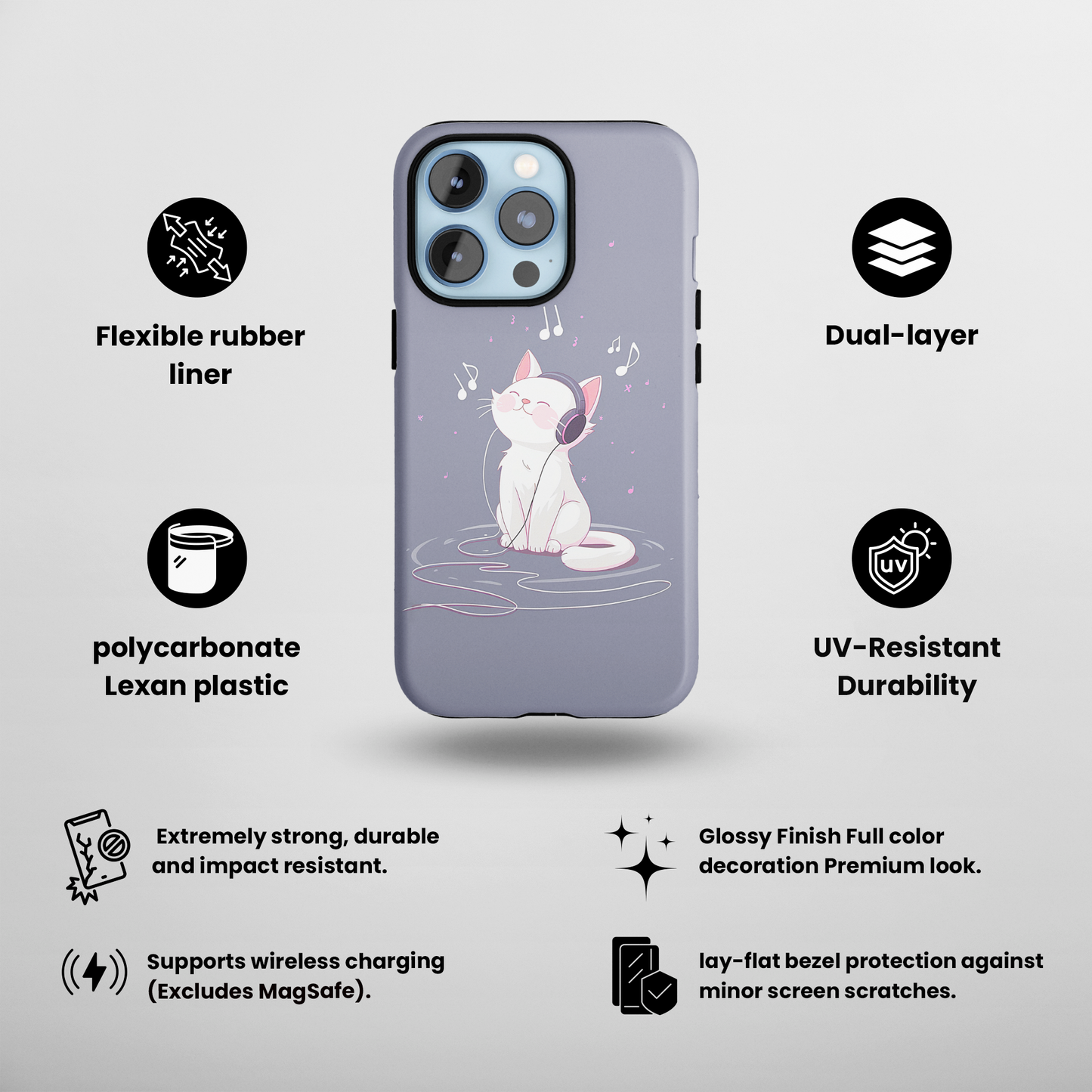 Melody Mews (iPhone Case 11-15)Elevate your iPhone's protection and style with RimaGallery's Illustrated cat enjoying music with headphones On case, featuring dual-layer defense and a sleek, glossRimaGallery