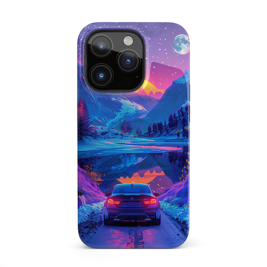 Celestial Drive (iPhone Case 11-15)Elevate your iPhone's protection and style with RimaGallery's A scenic drive through a vibrant twilight mountain landscape case, featuring dual-layer defense and a sRimaGallery