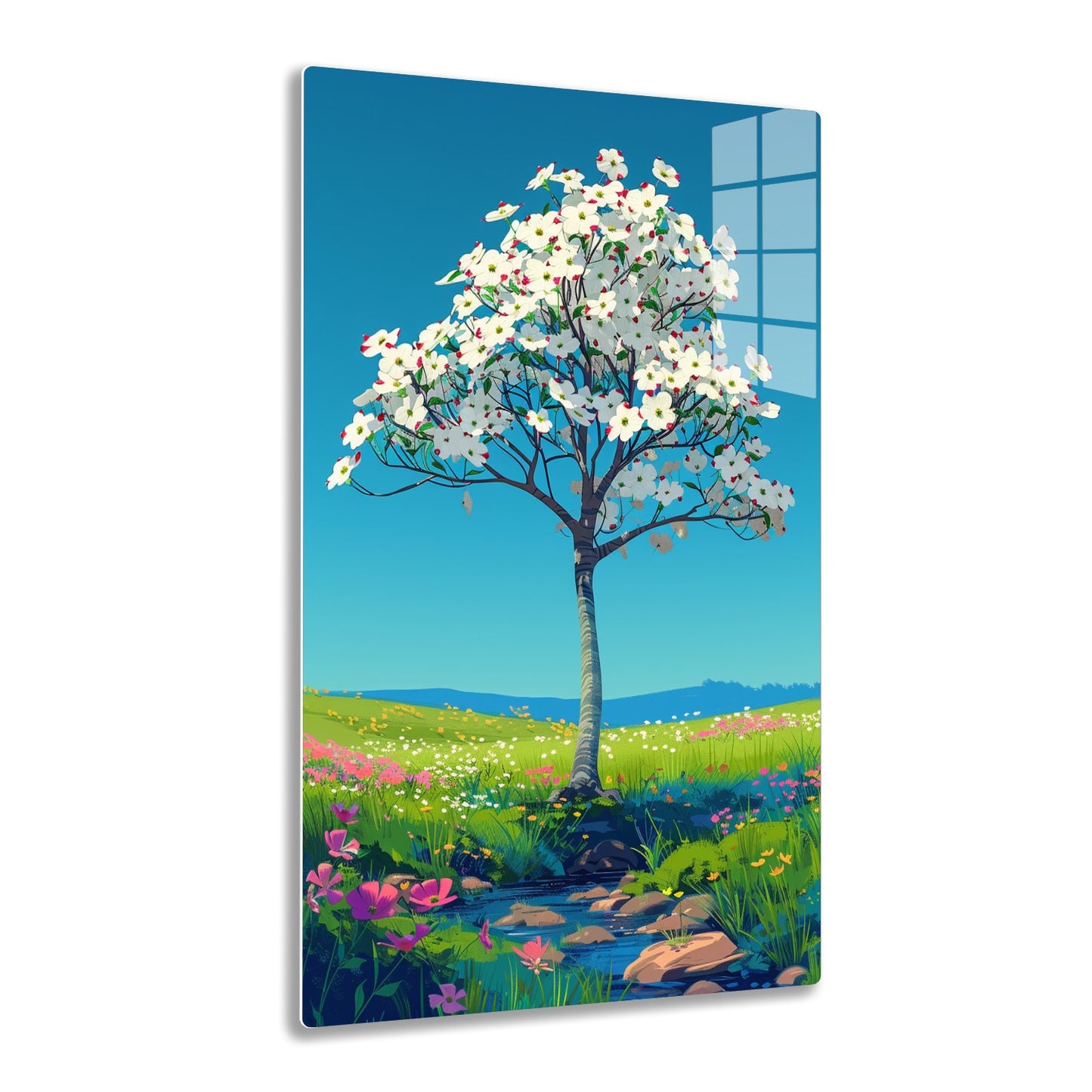 A vibrant illustration of a blossoming tree with white flowers against a blue sky, surrounded by a lush green meadow with a stream, pink and yellow wildflowers, and distant rolling hills.
