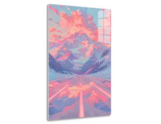 A vibrant, surreal landscape painting featuring a snow-capped mountain surrounded by colorful clouds reflecting in a still lake, with a long straight path leading towards the mountain under a dramatic pink and blue sky.
