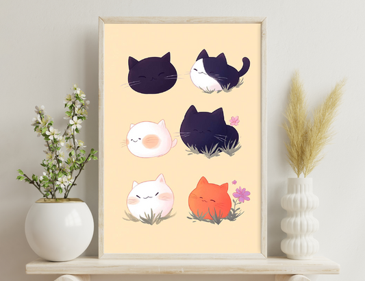 A collection of cute cartoon cat illustrations in different colors - black, white, orange, and bi-color, with simple stylized features and some surrounded by flowers, depicting them napping or looking content.
