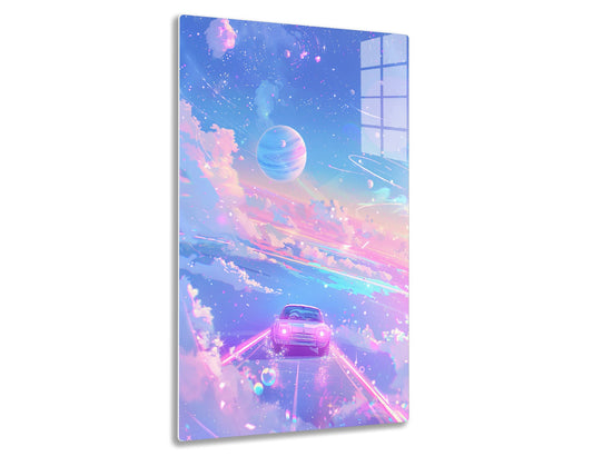 A futuristic dreamscape depicting a vintage car traveling on a cosmic road under a vibrant sky filled with planets, nebulae, and shooting stars, creating a surreal, otherworldly ambiance.
