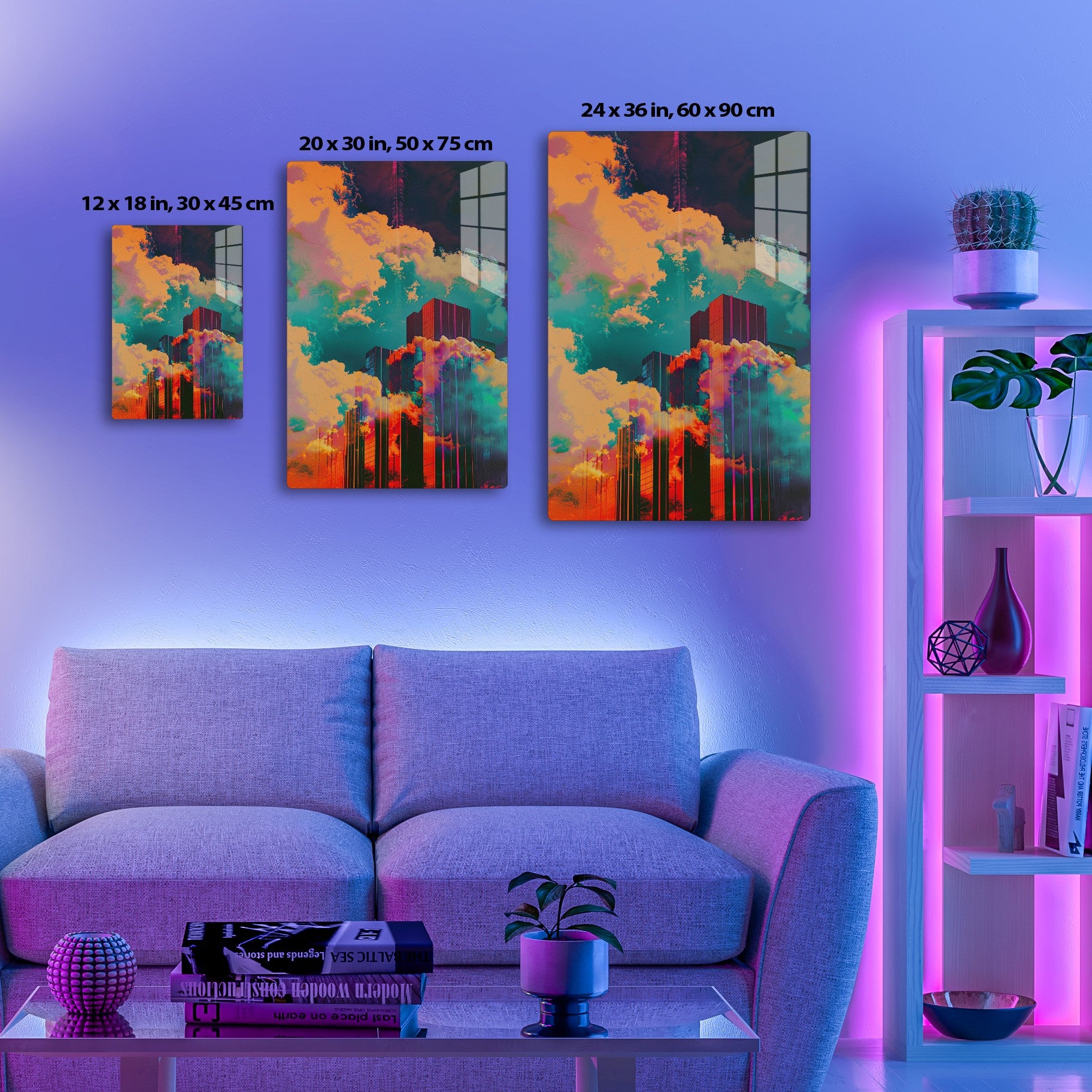 A surreal digital illustration depicting towering skyscrapers surrounded by vibrant, swirling clouds in shades of orange, teal, and purple, creating a dreamlike, psychedelic urban landscape.
