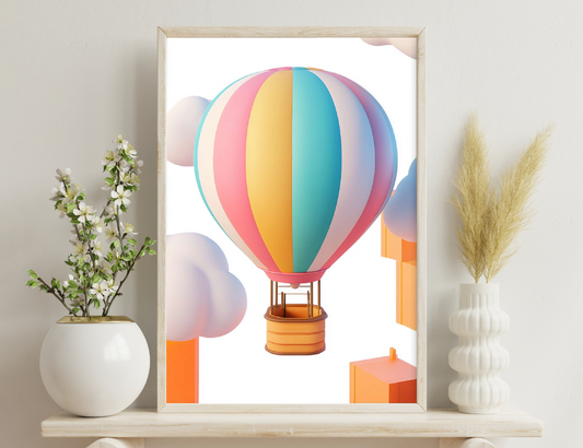 A colorful hot air balloon with stripes of pink, yellow, teal, and white suspended in the air with clouds in the background and an orange base.
