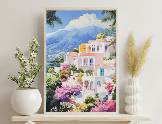 A picturesque scene depicting colorful villas nestled in lush gardens overlooking mountains and a town below, with palm trees framing the vibrant landscape under a cloudy blue sky.
