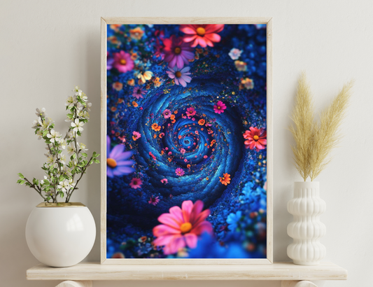 A vibrant spiral vortex of blue tones adorned with bursts of pink, orange, and yellow flower petals, creating a mesmerizing and colorful abstract floral pattern.
