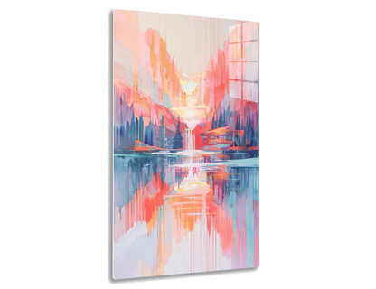 Vibrant digital painting of an abstract mountainous landscape reflected in a tranquil lake, with warm oranges, pinks, and purples dominating the color palette.
