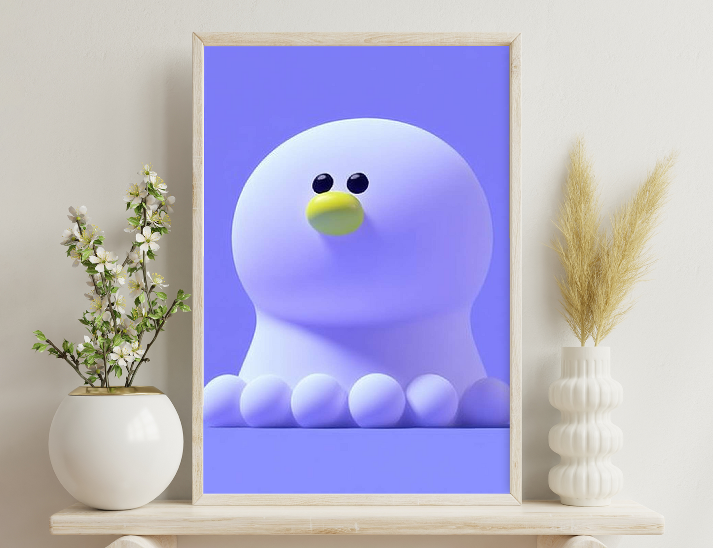 Stylized white ghost-like figure with a yellow beak and black dot eyes, sitting on white spheres against a purple background
