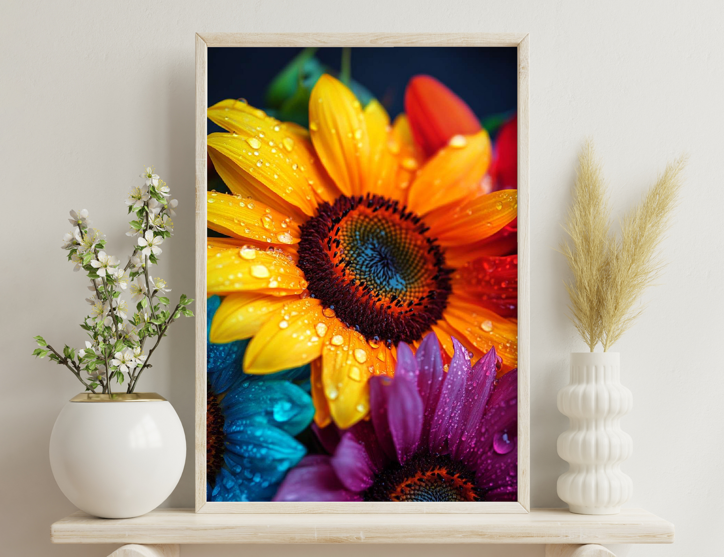 Vibrant close-up of a sunflower with yellow, orange and red petals covered in water droplets, surrounded by colorful purple and teal petals in the background, creating a striking contrast.
