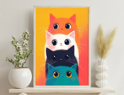 A colorful illustration depicting a stack of four stylized cat faces in orange, pink, black, and turquoise against a yellow background.
