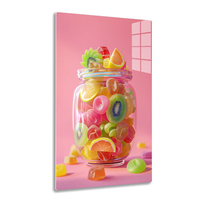 A glass jar filled with colorful gummy candies shaped like fruits such as oranges, kiwis, and grapefruits, against a pink background.
