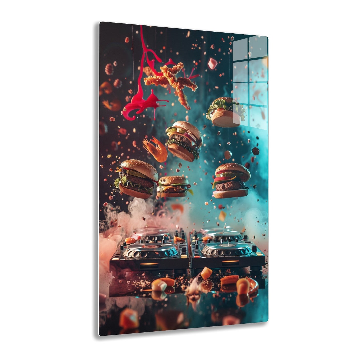 Burgers and fries float in mid-air, splattering colorful sauces against a teal backdrop with DJ turntables below, creating a surreal, dynamic fast food scene.
